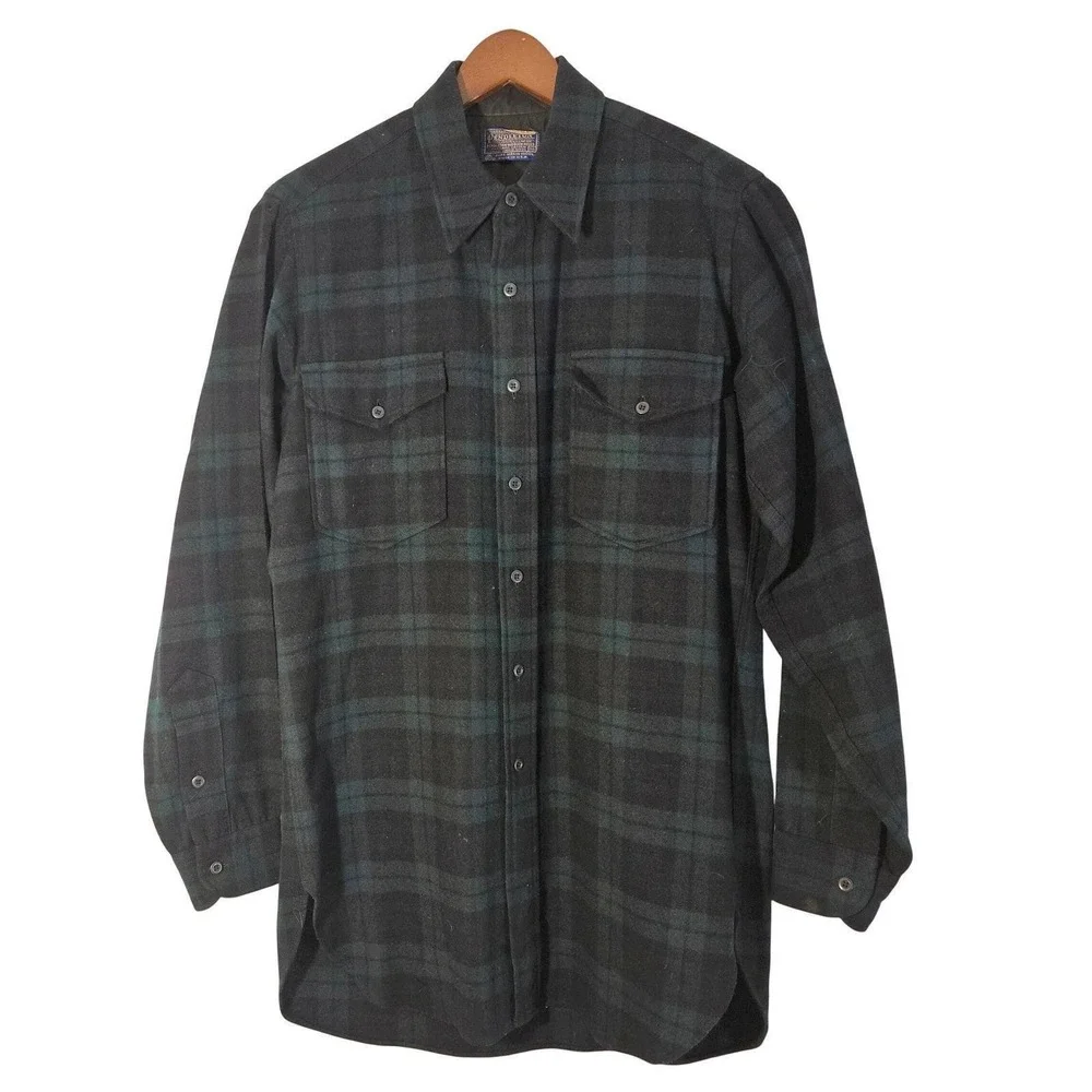 Vtg 60's Pendleton Black Watch Tartan Wool Shirt‎ Men 15.5 Black Green Plaid USA